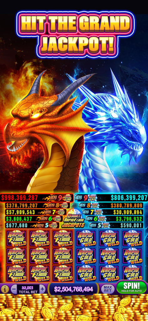 Screenshot del gioco Cashmania Slots con draghi di fuoco e ghiaccio e premi di jackpot enormi