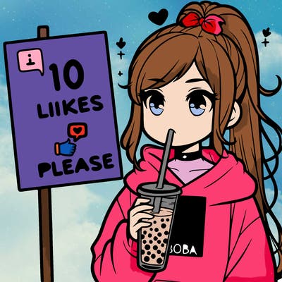 girl with a high ponytail and a hoodie drinking boba staring at a sign saying 10 likes please