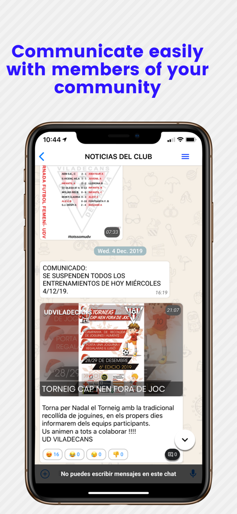 Tellfy - Pantalla de la aplicación Tellfy mostrando un feed de noticias de club con anuncios deportivos y actualizaciones de la comunidad en un iPhone.