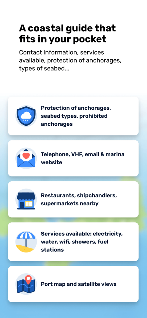 Navily - Navily app features overview showing anchorage protection marina services and port map information
