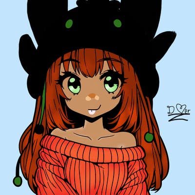 anime girl with chick shaped hat with sweater with bare shoulders with bangs covering them one eye with low tail