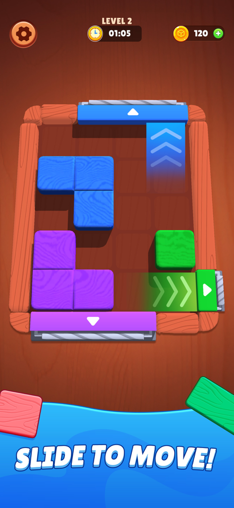 Screw Block Escape - Gameplay screen of Screw Block Escape showing colorful wooden blocks in a sliding puzzle interface