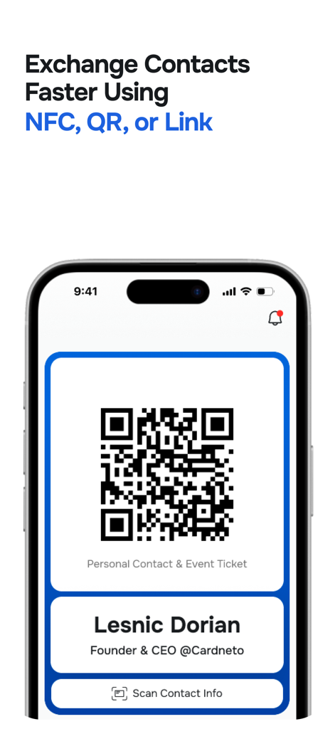 Cardneto – Event Networking - Uno schermo di smartphone che mostra un biglietto da visita digitale con un codice QR per lo scambio di contatti nell'app Cardneto