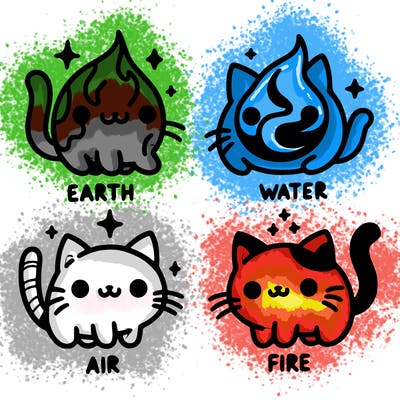 4 cats that represent the different elements, earth, water, air, and fire