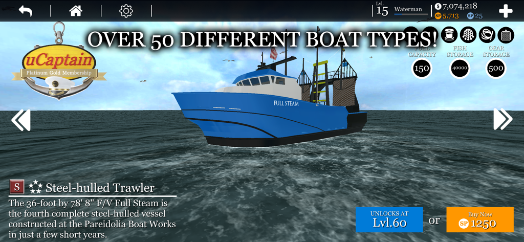 A blue steel-hulled trawler boat in the uCaptain fishing simulator game