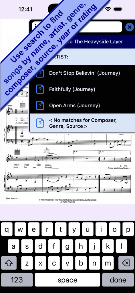 Sheet Show - Una captura de pantalla de la aplicación Sheet Show demostrando cómo buscar canciones por título y artista dentro de una biblioteca de partituras digitales.