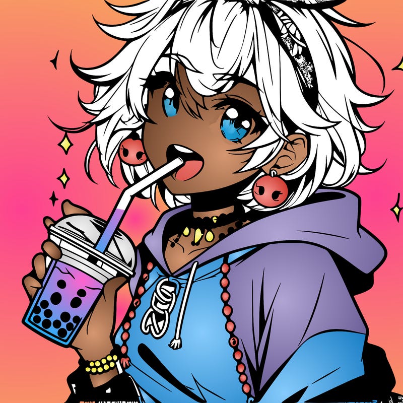 hot baddie anime girl drinking boba and biting the straw