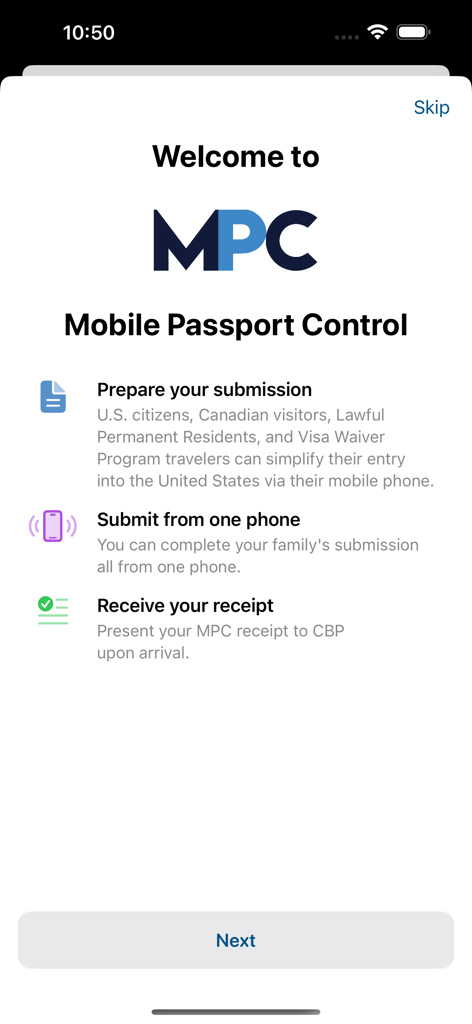 Welcome screen of the Mobile Passport Control app detailing how to prepare and submit travel documents for US customs entry