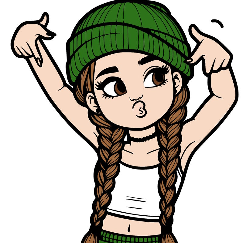 realistic teenage girl with braids and a beanie and crop top doing 🫶🏼