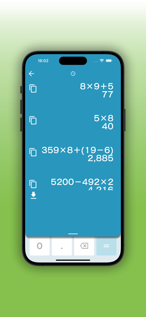 Simple Calculator for iOS - Interfaz limpia del historial de cálculos de la Calculadora Simple para iOS que muestra ecuaciones matemáticas y resultados en un fondo azul.