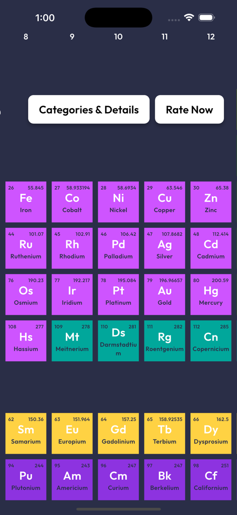 Perodic Table - Un affichage numérique en grille d'éléments chimiques montrant les symboles et les noms atomiques dans l'interface de l'application Tableau Périodique.