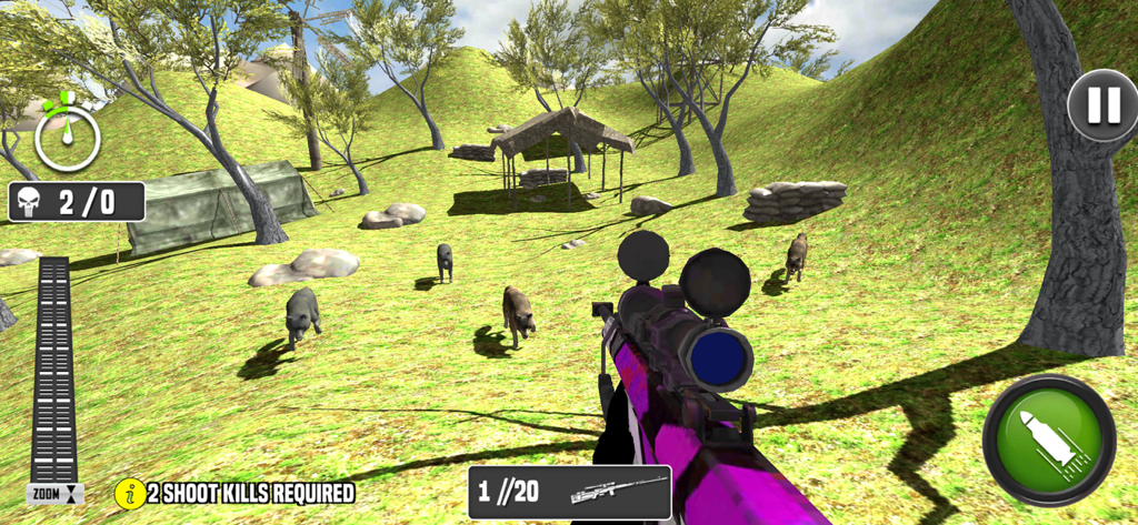 Sniper Shooter 3D :Deer Hunter - Perspectiva en primera persona de un rifle de francotirador apuntando a animales en un entorno de caza en 3D
