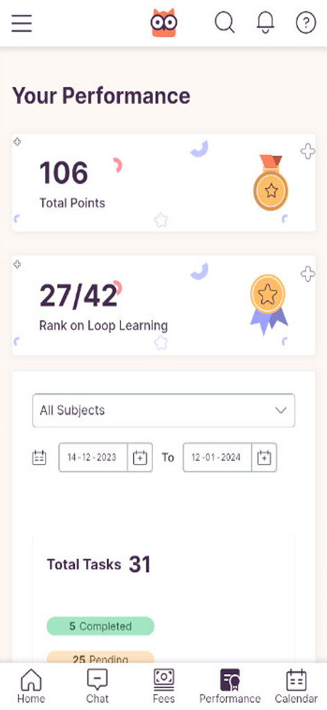Loop Learning - Loop Learning student performance screen displaying total points rank and task completion status
