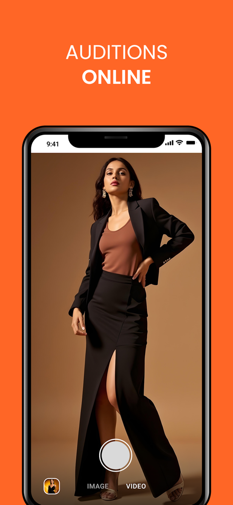 Talentrack - Mobile screen showing the Talentrack online audition feature with a professional model posing