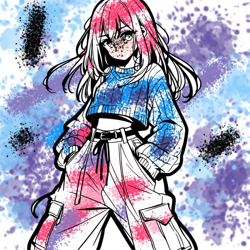 anime teen girl with baggy pants and crop top with sweater