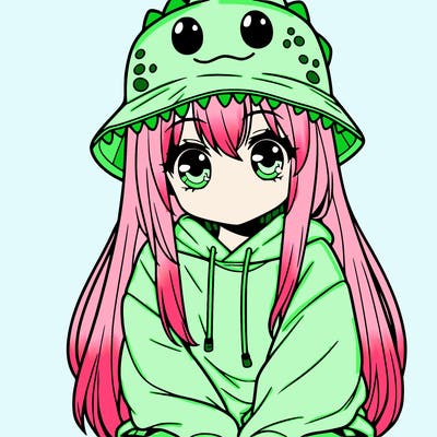 girl with anime shaped eyes with a dinosaur bucket hat oversized sweatshirt long straight hair