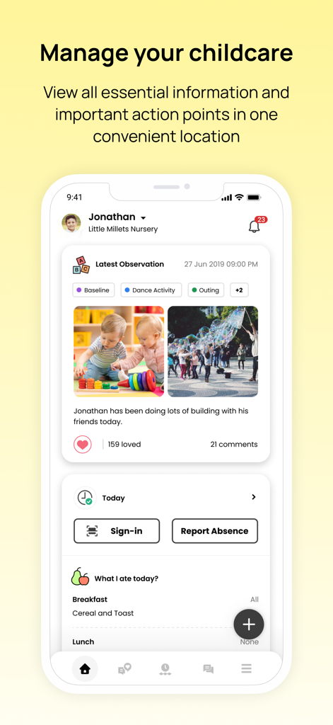 eyparentアプリがお子様の保育園での観察記録と毎日の活動ダッシュボードを表示
