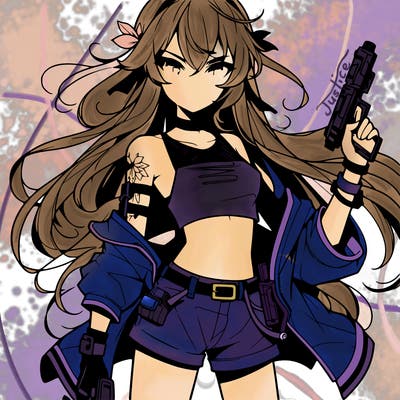 bad girl wearing crop top holding a gun long hair anime
