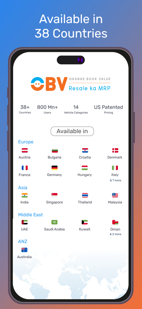 Orange Book Value app screen showing its availability in thirty-eight countries and its US patented pricing status