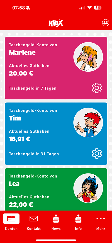 Dashboard of the KNAX allowance app showing three virtual savings accounts for children with current balances and payday countdowns