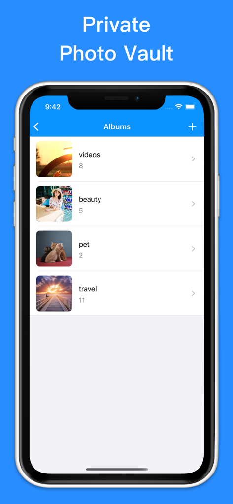 Cleaner - Clean Storage - Captura de pantalla de la función Bóveda Privada de Fotos en la app Cleaner mostrando álbumes organizados para vídeos, belleza, mascotas y viajes.