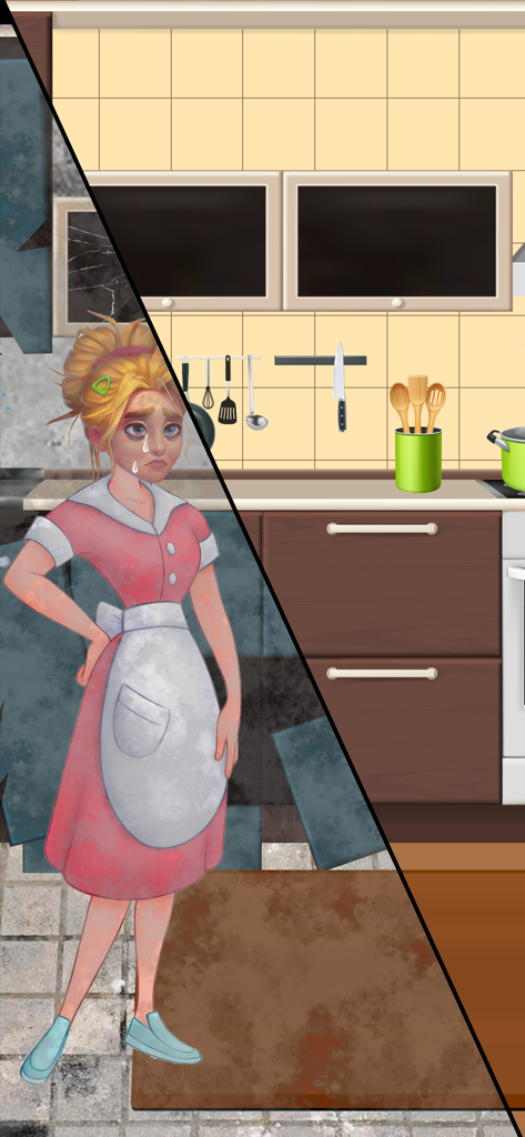 Una pantalla dividida diagonal que muestra una cocina desordenada con una mujer llorando a la izquierda y una cocina limpia y organizada a la derecha