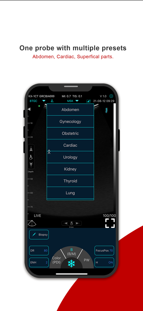MY USG - Interfaz de aplicación móvil MY USG que muestra una lista de preajustes de escaneo de ultrasonido que incluyen abdomen, cardiaco y pulmón en una pantalla de iPhone.