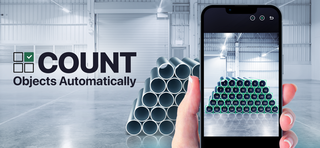 Count This - Counting App - A person using the Count This app to automatically count a stack of metal pipes in a warehouse environment.