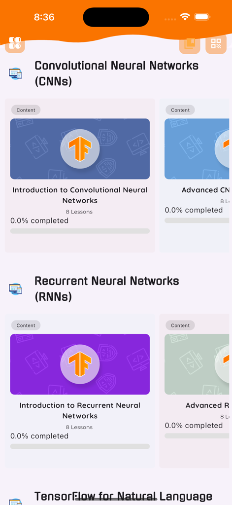 Learn TensorFlow - TensorFlowアプリのダッシュボード。ニューラルネットワークコースモジュールが表示されています。