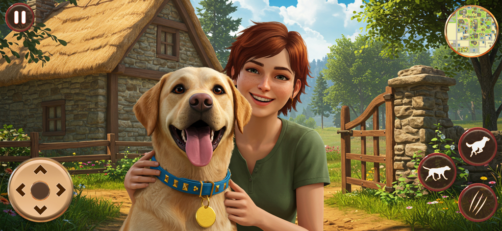 Dog Life Simulator: Dog Games - A smiling girl hugging a golden retriever in a village setting within the Dog Life Simulator game interface