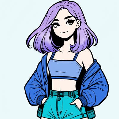 a realistic girl with a crop top and short shorts in an open jacket