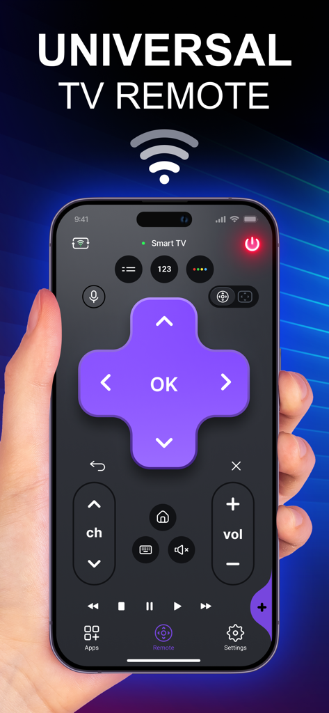 Universal Remote - TV Remote - Una mano sosteniendo un iPhone mostrando una aplicación de control remoto de TV inteligente con un panel direccional morado y controles de navegación