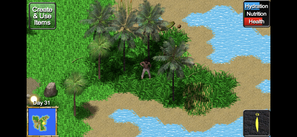 Stranded Without A Phone! - Top down view of a character on a tropical island in Stranded Without A Phone game with survival status bars and mini map