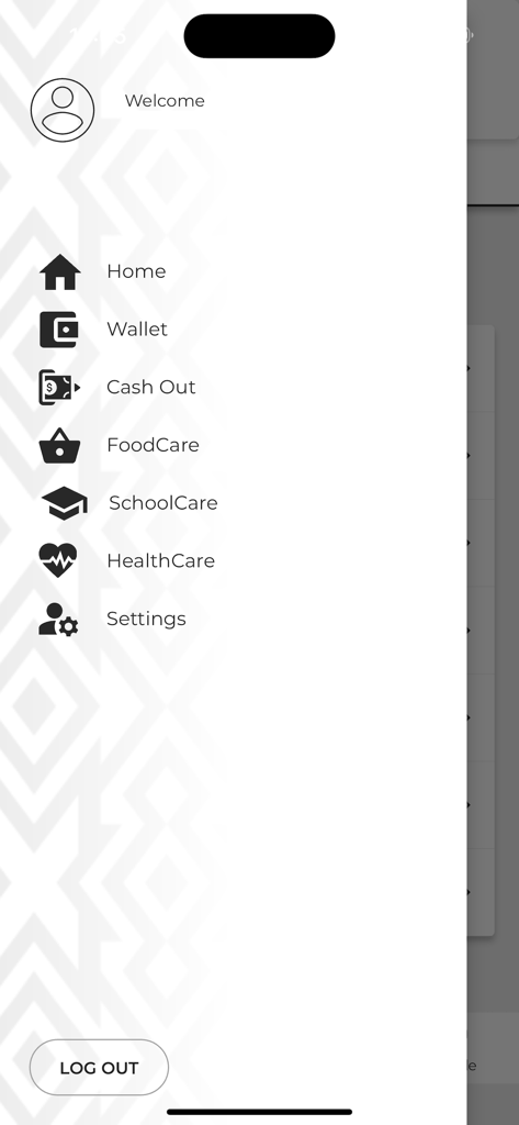 O'mari - O'mari app navigation menu featuring Wallet and Care services