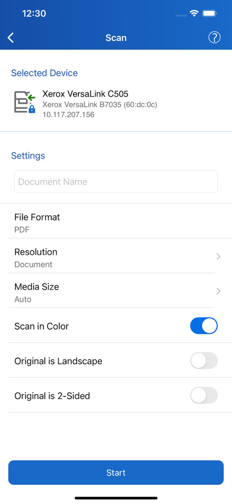 Xerox Workplace app scanning interface showing document settings for a printer