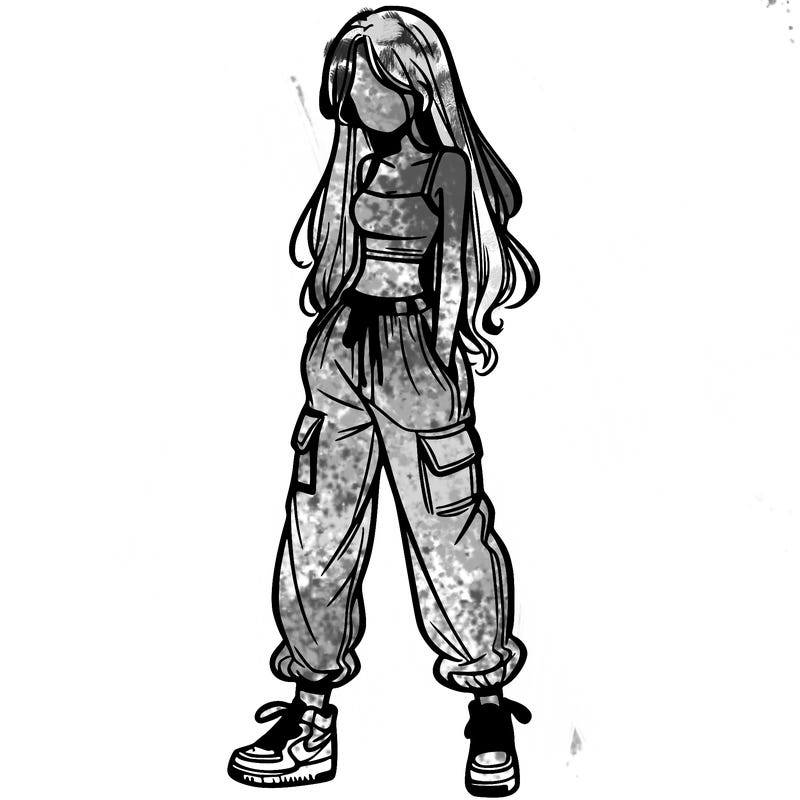 girl in baggy pants crop top and long hair
