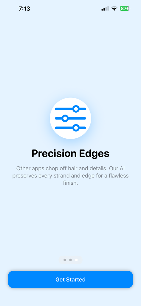 Remove Background - Removr - Schermata di onboarding dell'app Removr che presenta la funzione AI bordi di precisione per un fotoritocco impeccabile