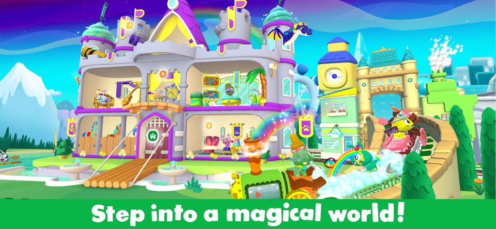 A vibrant 3D animated magical world featuring a castle, a colorful train, and a dragon from the Crayola Create and Play app.