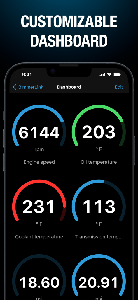 Customizable dashboard in the BimmerLink app displaying real-time sensor data for BMW and MINI vehicles