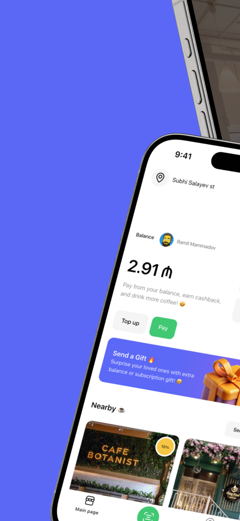 Die Benutzeroberfläche der Coffeein-App, die den Kontostand und nahegelegene Cafés anzeigt.