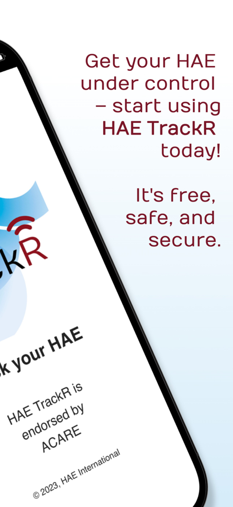 HAE TrackR app screen promoting health control and ACARE endorsement