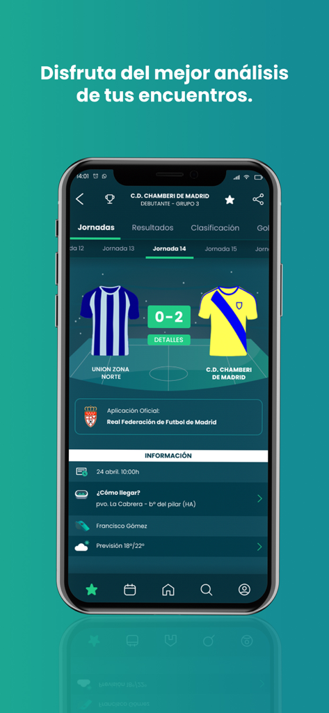 Pantalla de smartphone que muestra un resumen de partido de fútbol con resultados y detalles del juego en la aplicación móvil Matchapp