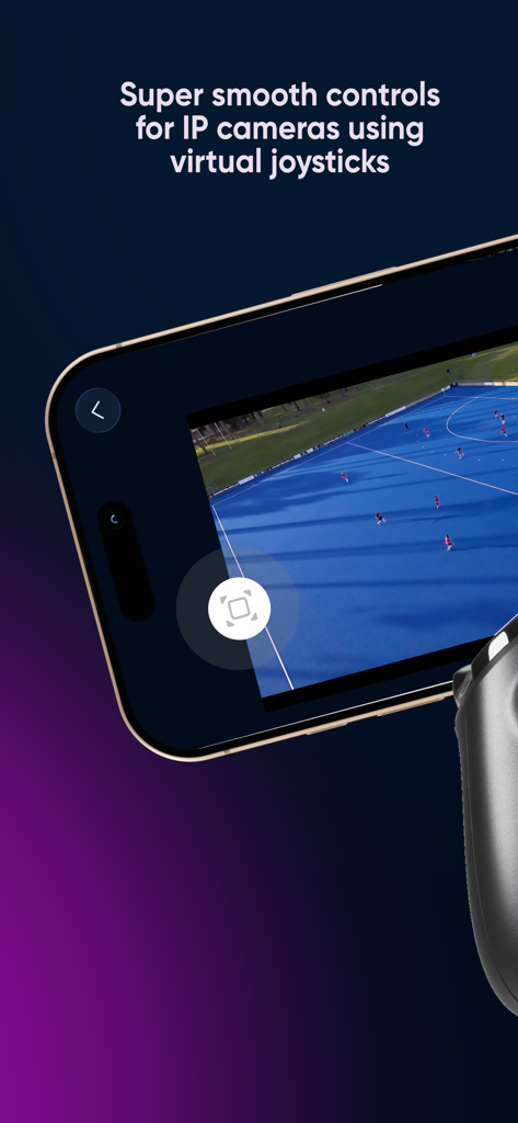 XYZoom - Smartphone screen showing virtual joystick control for an IP camera overlooking a sports field