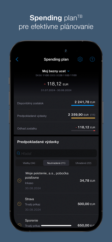 Tatra banka - Tatra banka app spending plan interface showing financial goals and predicted expenses
