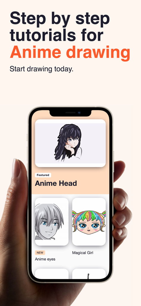 Drawing Anime Step by Step - A smartphone displaying anime drawing tutorial options including character heads eyes and magical girl styles