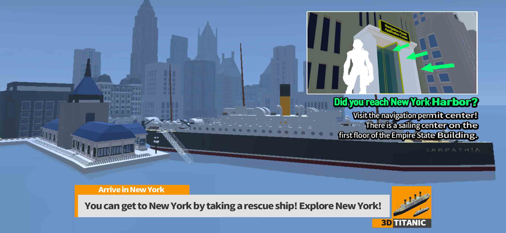 Le navire Carpathia amarré dans le port de New York avec la ligne d'horizon de la ville en Titanic 3D
