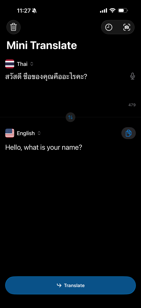Mini Translate - Offline - Mini Translate offline app interface with Thai to English translation
