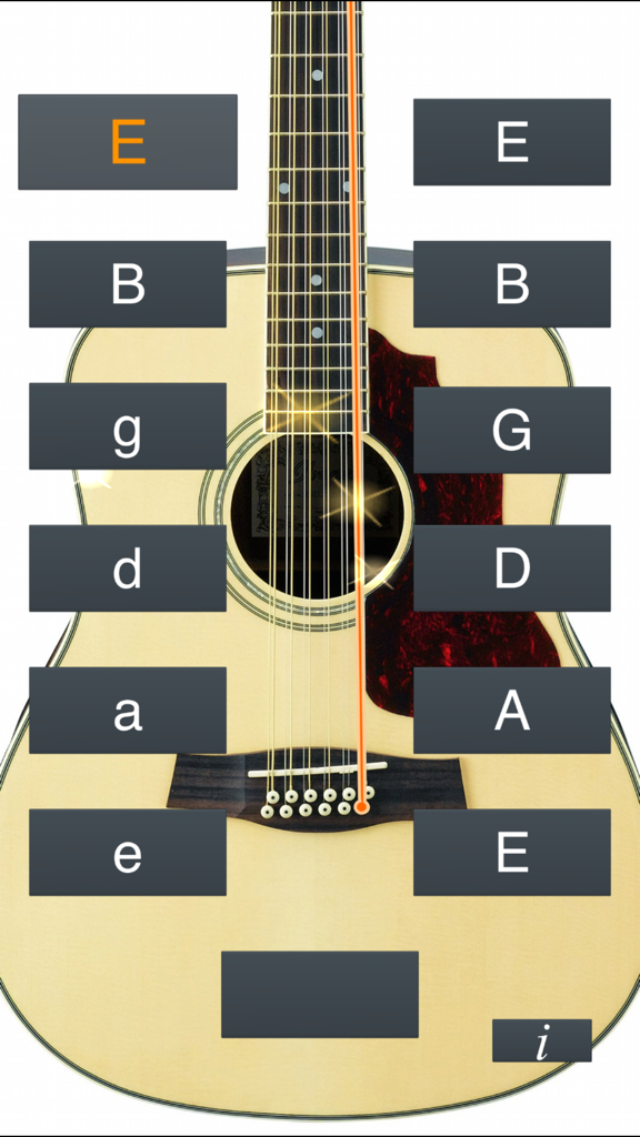 12-String Guitar Tuner Simple - Interface of the 12 string guitar tuner simple app showing tuning notes over an acoustic guitar