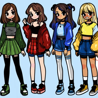 one girl with crop-top shirt and a jacket with a skirt, long socks and another girl with a shirt and pants with a jacket