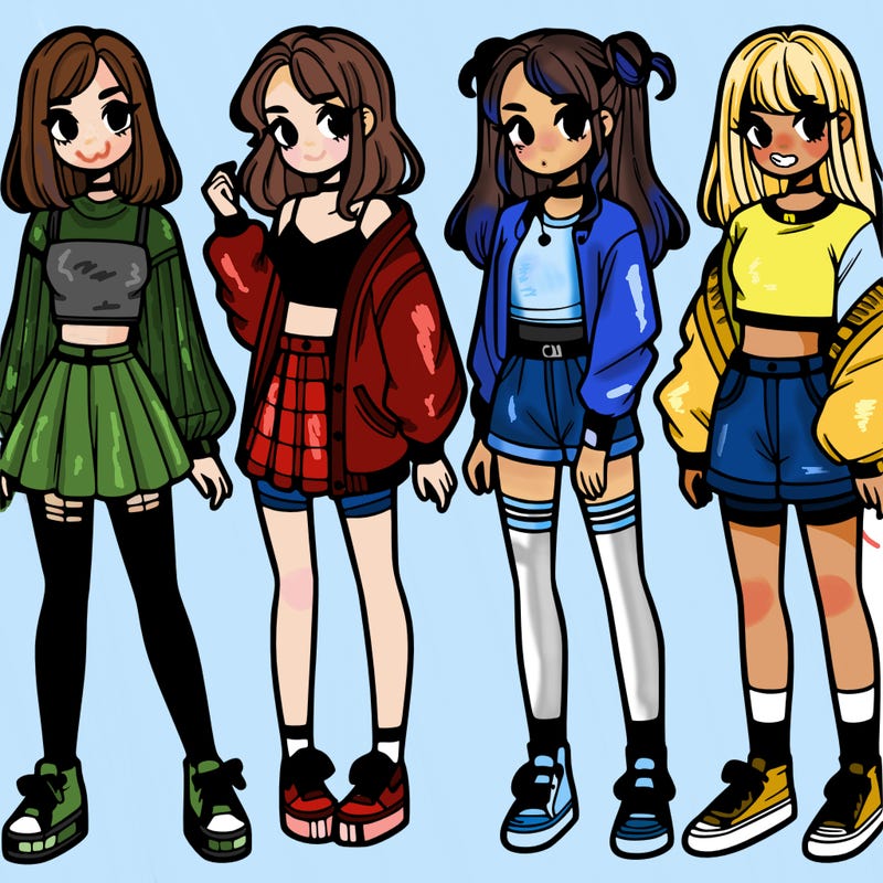 one girl with crop-top shirt and a jacket with a skirt, long socks and another girl with a shirt and pants with a jacket